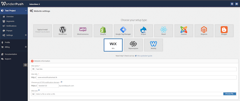 WonderPush Wix Project Setup