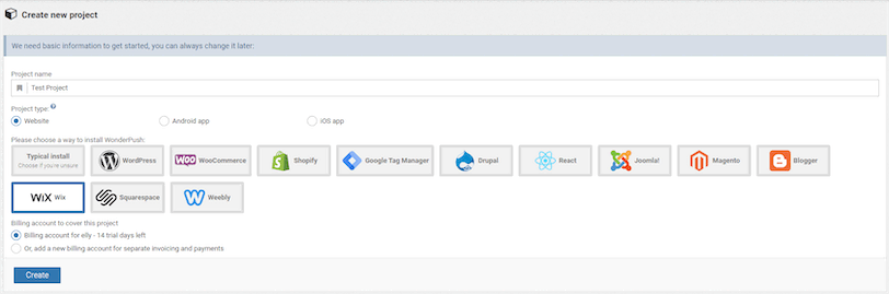 WonderPush Create New Wix Project