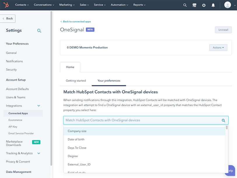 Mapping External User Id in HubSpot for OneSignal