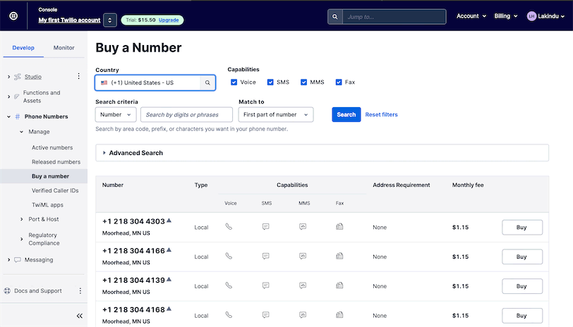 Twilio Buy Phone Number
