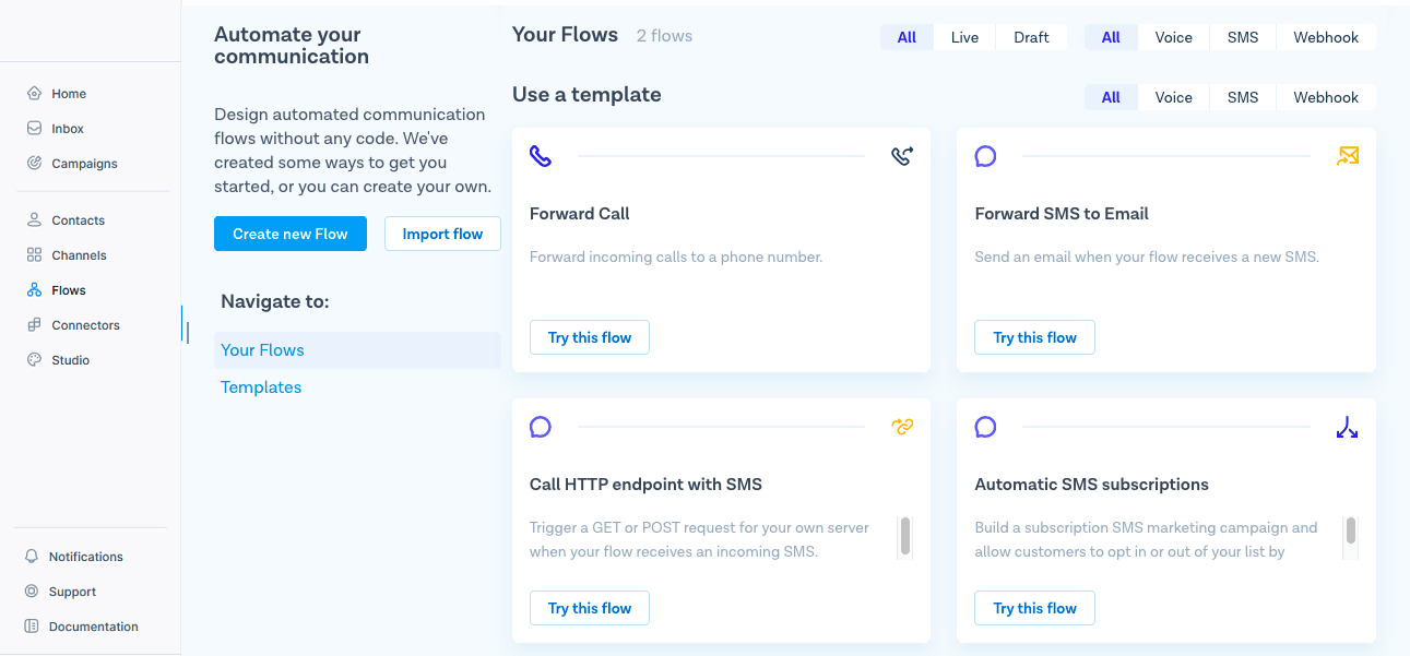 Screenshot of MessageBird’s automated flow dashboard.