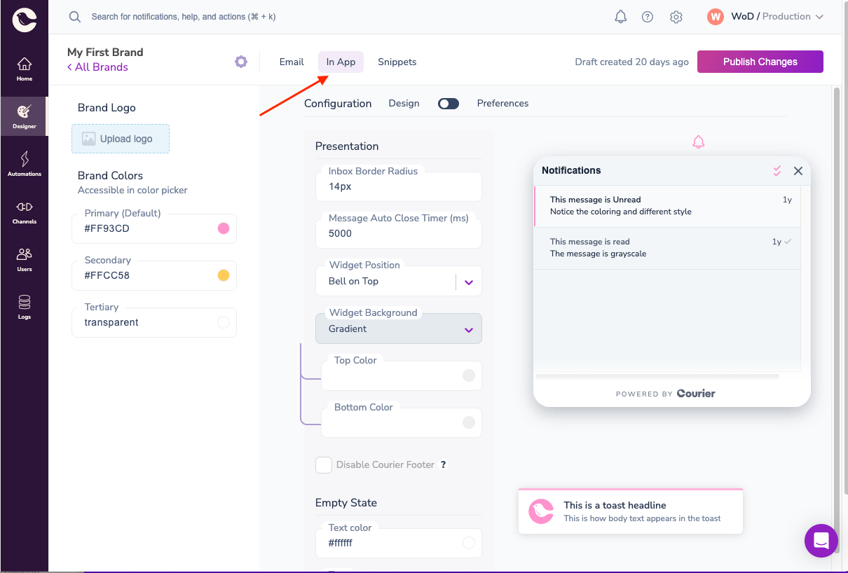 In-app brand settings