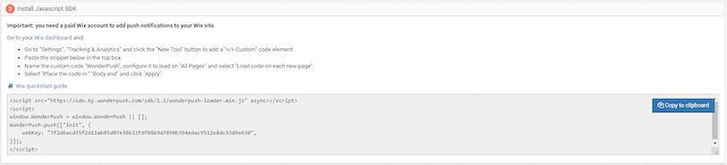 WonderPush Wix Install JavaScript SDK