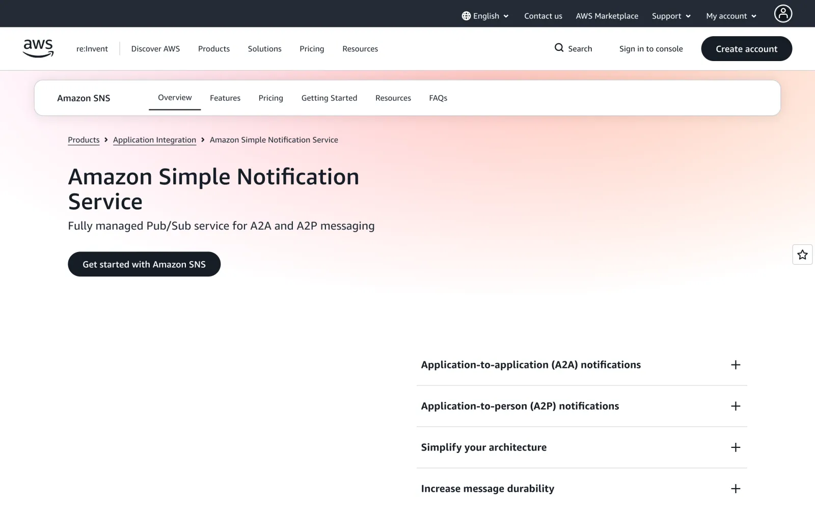 Amazon SNS homepage